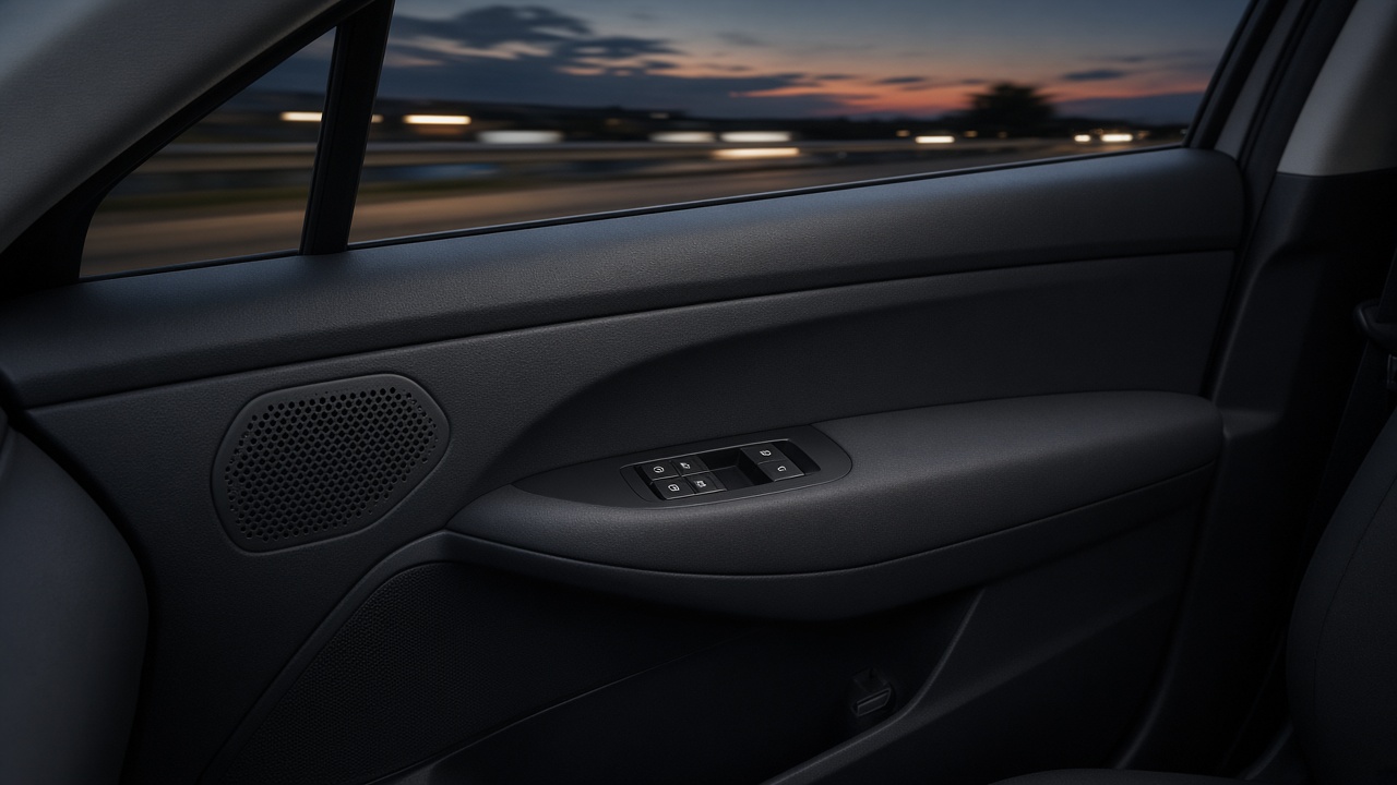 Door inner trim installed in a vehicle at dusk, holding its surface and fit on the road