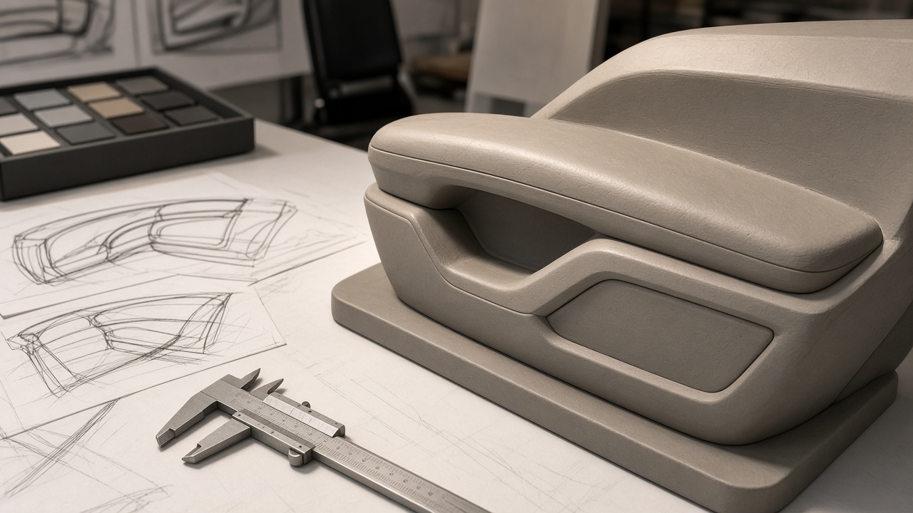 Clay industrial-design model of a generic interior armrest on a drafting table