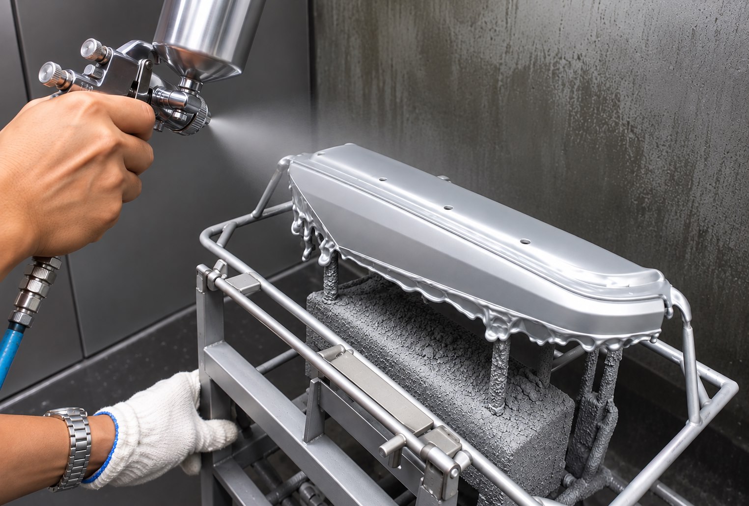 Operator applying surface finish to a moulded automotive trim component