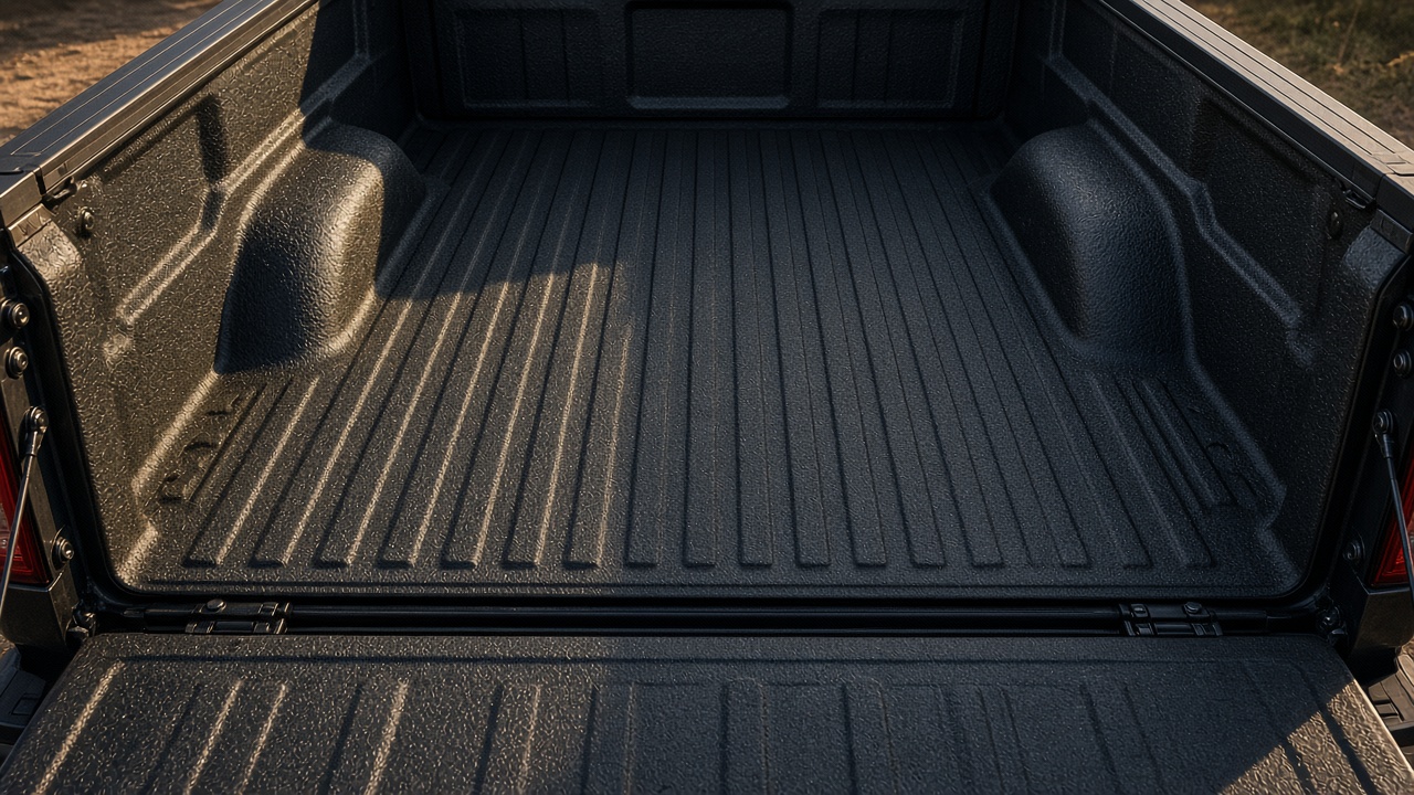 Textured plastic bedliner in a pickup cargo bed