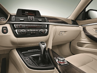 Beige cabin with decorative wood inserts and center console