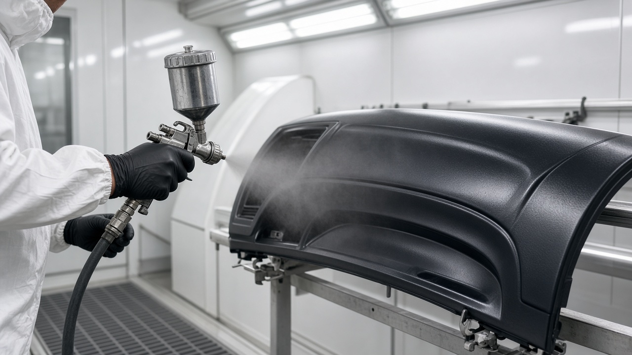 Spray painting an automotive plastic interior panel